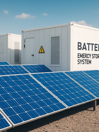 Close technical view of utility-scale battery energy storage system enclosures installed on a concrete pad, industrial overcast lighting, cable conduits and monitoring sensors visible, engineered infrastructure framing