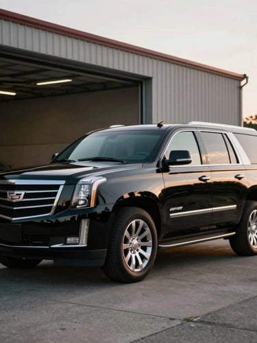 A pristine, polished black Cadillac Escalade ESV parked on a private hangar tarmac, low-key dramatic morning light reflecting off the polished body panels.