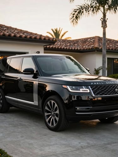 Pristine black executive SUV parked on a clean concrete driveway in front of a modern Beverly Hills estate, warm golden hour light reflecting off the polished black paint, manicured palms in the background.