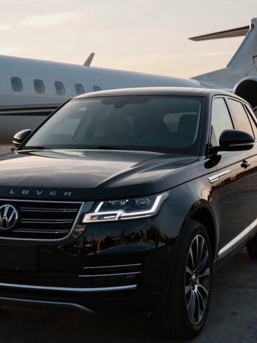 Low-key high-contrast shot of a polished black executive SUV parked outside a private aviation terminal, warm morning light reflecting on the hood.