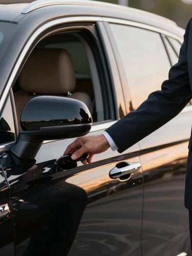 A close-up of an immaculate chauffeur in a tailored dark suit holding open the door of a polished black executive SUV, soft golden hour reflections on the paint.