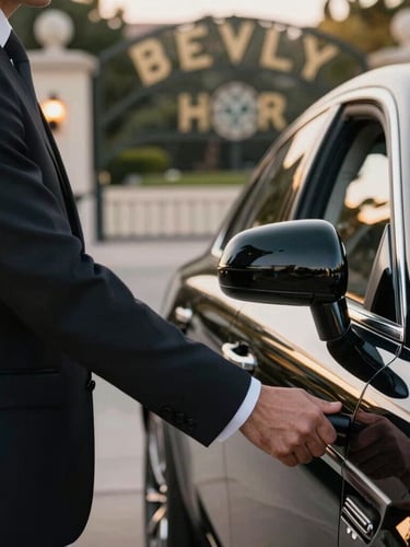 Close-up of a chauffeur in an immaculate, dark tailored suit holding open the door of a polished black luxury SUV, subtle golden hour reflections on the pristine paint, Beverly Hills estate gate in the soft-focus background.