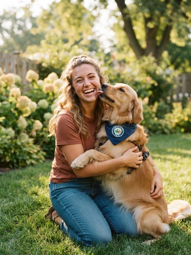 A cheerful volunteer smiling warmly while holding a happy golden retriever in a sun-drenched Indiana backyard, warm natural daylight, shallow depth of field.