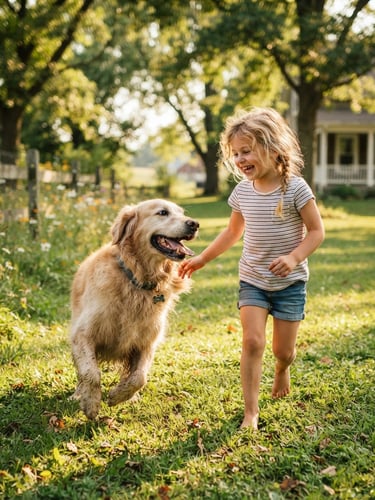 A joyful rescued golden retriever playing with a child on a sunlit lawn in Indiana, eye-level candid shot, soft natural daylight
