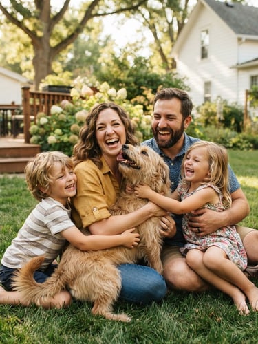 A joyful family laughing and hugging a fluffy rescued dog in a sunny Indiana backyard, bright natural daylight, warm editorial photography, shallow depth of field, candid human-animal interaction.