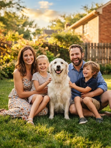 A happy cream-colored golden retriever sits proudly next to a smiling family in a sunny Indiana backyard, warm golden-hour light