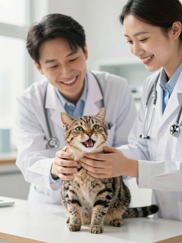 A friendly veterinarian in a bright clinic gently examines a happy tabby cat, soft natural light, cheerful atmosphere
