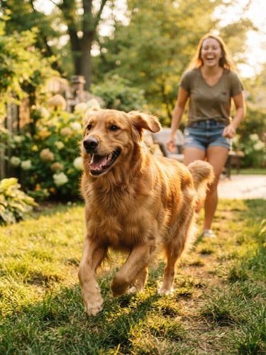 A joyful golden retriever running through a sunny Indiana backyard, bright natural golden-hour daylight, shallow depth of field, happy expression.