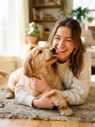 Eye-level warm portrait of a happy golden retriever puppy cuddling with a smiling foster parent on a sunlit living room floor, bright natural daylight, shallow depth of field