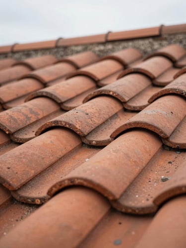 Close-up macro shot of interlocking canal tiles on a roof, natural overcast light revealing the curved terracotta surface texture and mortar joints, shot from slightly above and to the left, no people, no text