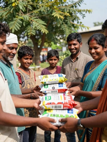 Candid documentary photo of volunteers handing over dry ration kits to families in Indore, bright natural daylight, warm genuine smiles, 35mm lens.
