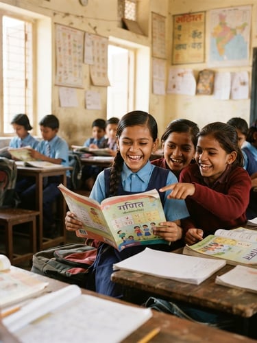 Candid documentary photo of young students in a bright Indore classroom, smiling over new textbooks, warm natural Indian daylight, 35mm lens