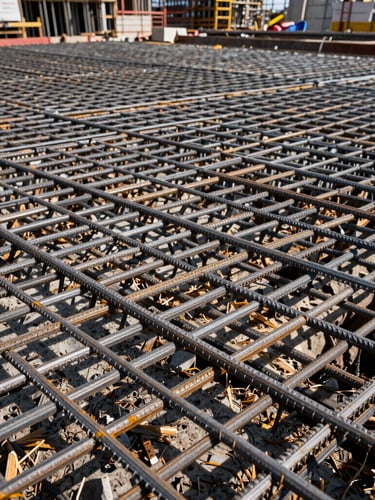 Low-angle dramatic shot of a dense steel rebar grid on a massive foundation slab, harsh midday sun casting sharp geometric shadows, active construction site background.