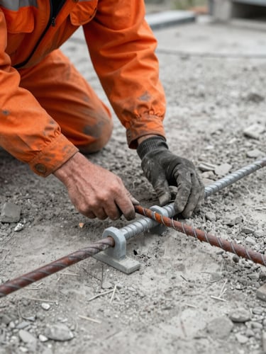 Dramatische Nahaufnahme von unten: Ein Eisenflechter in orangefarbener Sicherheitskleidung fixiert eine schwere Stahlbewehrung mit Draht vor grauem Betonhintergrund