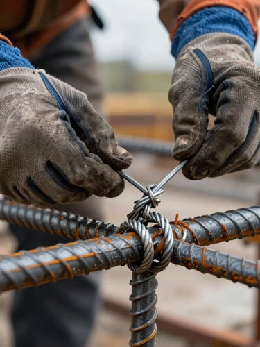 Extreme close-up of ironflechter hands in protective gear tying heavy steel rebar intersections with wire, active construction site, overcast daylight, sharp focus on the wire knot.