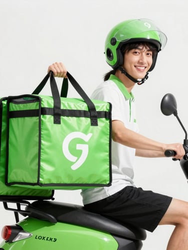 Bright high-key photography of a friendly Grofkart delivery rider on a green scooter, holding an insulated grocery bag, crisp natural daylight, sharp focus.