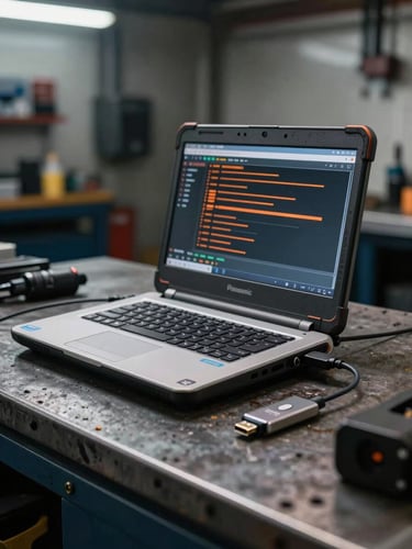 Tight macro shot of a rugged Panasonic Toughbook laptop sitting on a greasy metal workbench in a dark truck repair shop, displaying a diagnostic interface with orange data lines, a Nexiq USB Link 2 cable plugged into the side, cool workshop lighting.