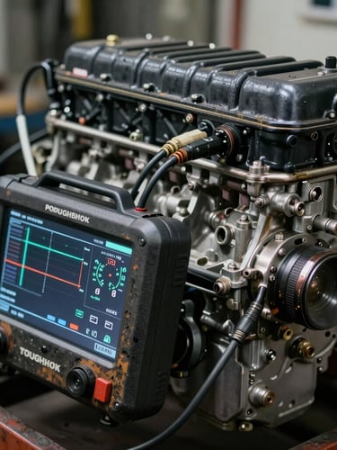 Close-up of a rugged, grease-stained Panasonic Toughbook displaying engine diagnostic codes, connected via a thick black cable to a massive Cummins diesel engine block in a dimly lit workshop, high-contrast cool lighting.