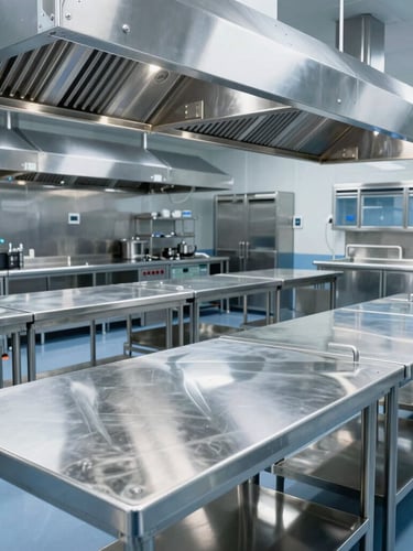 Sharp architectural shot of a massive, empty hospital kitchen with rows of stainless steel prep tables, industrial ventilation hoods overhead, cold surgical blue highlights, high contrast