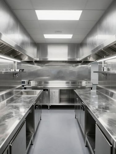 Symmetrical wide-angle architectural shot of an empty, sterile hospital kitchen with pristine brushed AISI 304 stainless steel counters, cold metallic lighting, high contrast