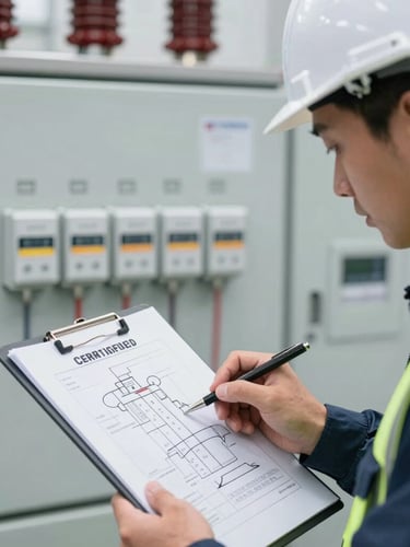 A close-up of a certified engineer in safety gear analyzing a single-line diagram on a clipboard, with high-voltage switchgear in the background, crisp industrial photography, daylight, 35mm lens.