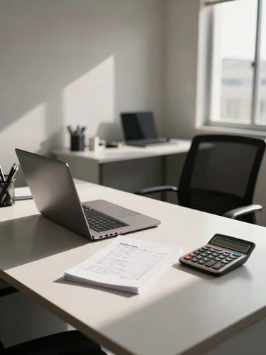 Wide shot of a modest Ipatinga office interior, desk with open laptop and handwritten notes beside a calculator, afternoon light through a window casting long shadows across the workspace