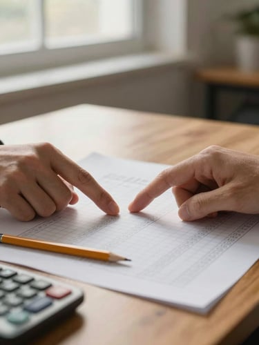 Close-up of hands pointing at a printed spreadsheet on a wooden desk, natural north-facing window light, a pencil and calculator at the edge of frame, modest office setting, warm afternoon tone