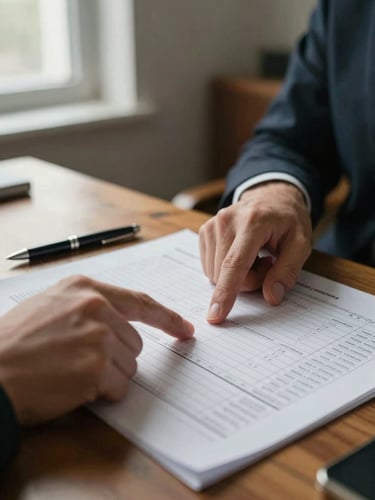 Close-up of hands pointing at a printed spreadsheet on a wooden desk, natural window light from the left, a ballpoint pen resting nearby, modest office interior visible in soft focus behind