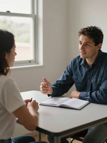 Two people seated across a modest table in a naturally lit room in Ipatinga, one gesturing toward an open notebook with handwritten notes, relaxed candid moment, daylight from a side window, no suits, plain work clothes, genuine conversation energy