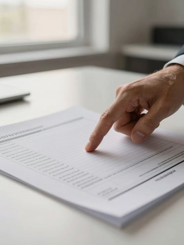 Close-up of an advisor's hand pointing at a line item on a printed financial statement resting on a plain desk, afternoon window light, shallow depth of field, warm off-white paper tone, modest office interior visible in soft background