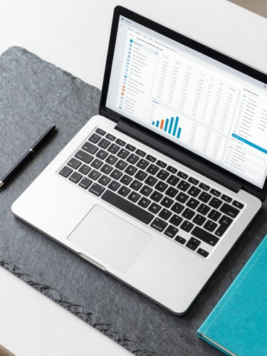 Overhead flat-lay of an organized modern desk with a laptop displaying a clean financial dashboard, bright daylight, slate and teal accents