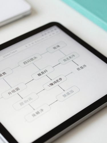 Close-up of clean, structured data flowcharts on a tablet screen, soft natural light, minimalist desk background.