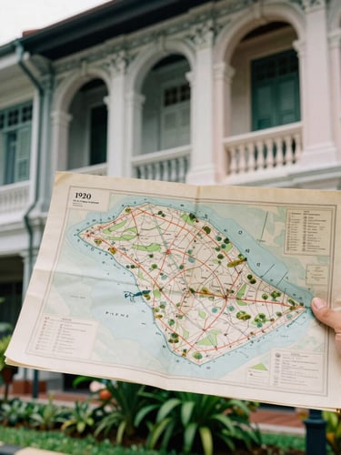 A close-up of a hand holding an archival map from 1920 against a backdrop of historic shophouse columns in Singapore, diffused natural daylight, rich tropical greens, 35mm