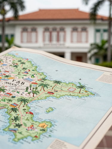 A close-up of an archival map of Singapore held on-site by a historian, natural diffused daylight, warm editorial photography, 35mm
