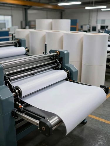 Wide factory floor shot from left side, industrial laminating machinery mid-operation, stacks of laminated paper rolls in background under tungsten lighting, organized production lines visible, strong industrial depth of field