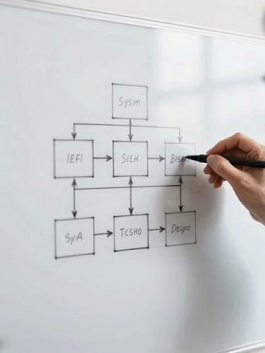 Close-up of hands sketching a clear system architecture diagram on a physical whiteboard in a bright modern workspace with crisp shadows.
