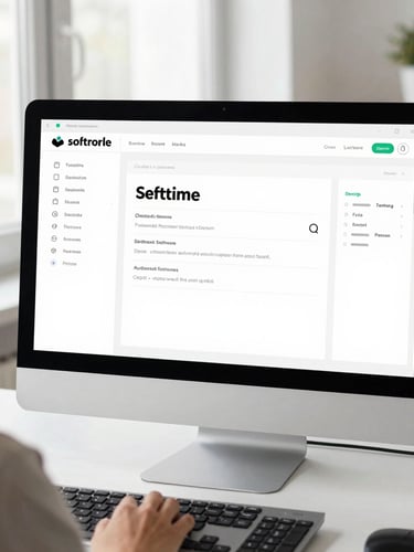 Over-the-shoulder view of a clean software interface mockup on a desktop monitor, bright modern workspace, natural daylight, sharp focus, minimalist tech aesthetic