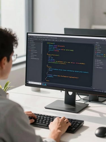 Over-the-shoulder view of a developer reviewing clean code on a high-resolution monitor in a bright, sunlit Florida office.