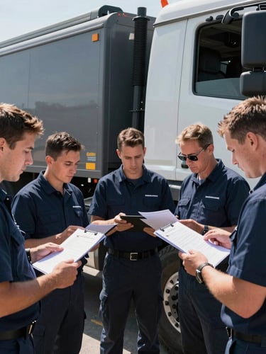 Professional field team members in operational gear, conducting a pre-deployment checklist beside a heavy-duty fleet vehicle, bright midday light, high contrast, sharp focus, technical and operational realism, 35mm lens