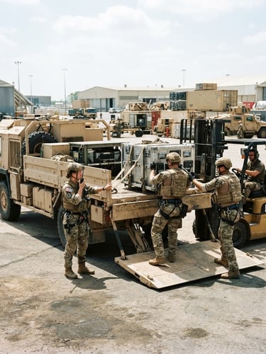 Wide shot of a specialized logistics vehicle being loaded by a team in professional operational gear, bright midday daylight, high contrast, sharp focus, technical and operational realism, 35mm lens