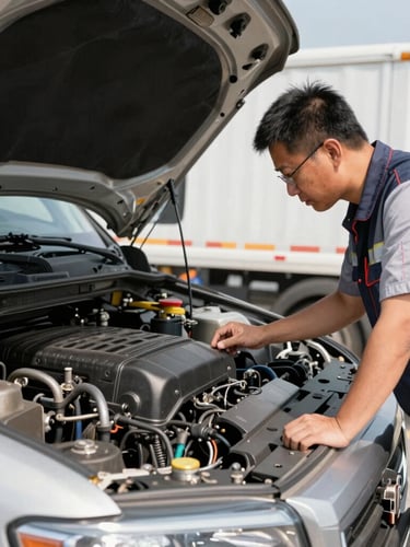 Medium-close shot of a professional team member in operational gear inspecting a heavy-duty logistics truck's engine bay, bright midday daylight, high contrast, sharp focus, technical realism, 35mm lens.