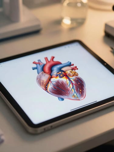 Macro photographic view of a beautifully organized clinical study desk, a glowing anatomical heart illustration on a tablet screen, warm gold backlighting, clean teal accents, shallow depth of field.