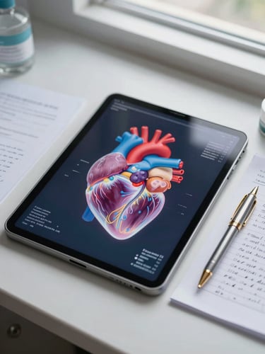 Macro overhead shot of a clean, beautifully organized medical study space. A tablet displays a glowing, color-coded anatomical diagram of the human heart, surrounded by handwritten notes and a gold-trimmed pen under soft, luminous window light.