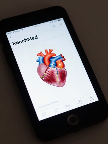 A clean, high-contrast mockup of the ReachMed exam interface showing a biology active recall quiz with a colorful heart diagram