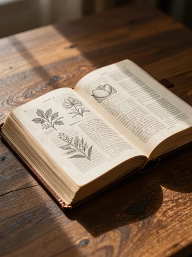 A vintage leather-bound Bible open on a dark oak table, warm golden light streaming from the side, illuminating detailed botanical and anatomical sketches on the opposite page.