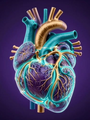 High-contrast anatomical illustration of the human cardiovascular system, glowing teal and gold pathways on a deep purple background, sharp clinical diagram style.