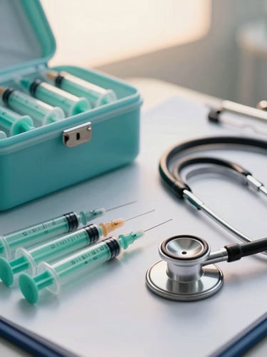 Macro studio photograph of a beautifully organized clinical nursing kit, color-coded teal syringes, stethoscope laid neatly on a white medical chart, soft luminous backlighting.