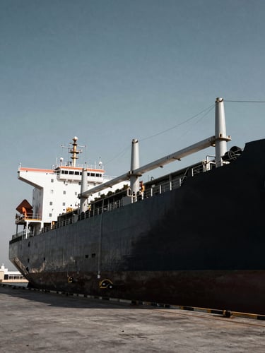 Wide-angle dramatic industrial photography of a massive cargo vessel docked at a Dubai terminal, harsh natural daylight, deep slate and steel tones, high contrast, 35mm.