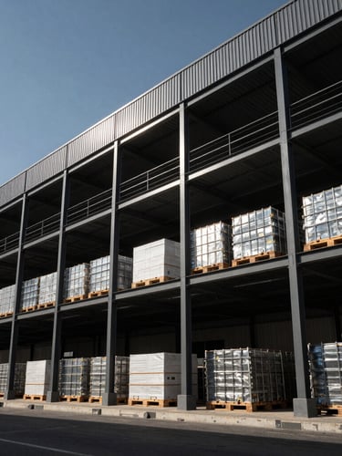 Low-angle architectural shot of a massive modern logistics warehouse in Dubai, harsh natural sunlight highlighting structured steel frames and neat rows of bulk material pallets, high contrast