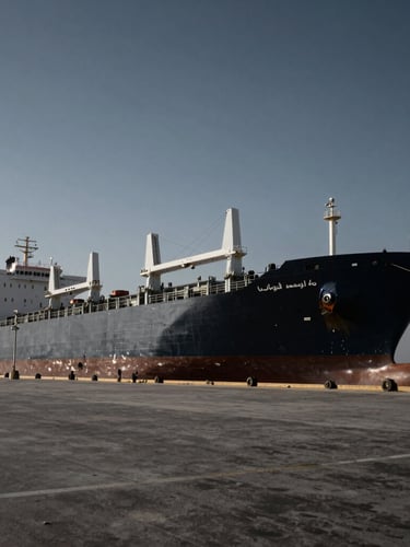 Wide-angle dramatic industrial photography of a massive cargo vessel docked at a Dubai port under harsh natural daylight, high contrast, deep slate and steel tones, 35mm